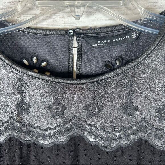 ZARA Faux Leather Embroidered Pindot Chiffon Black Cropped Top L - Picture 3 of 7